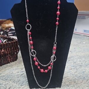 Elegant Silver and Red Beaded Necklace